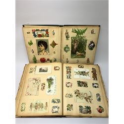 Victorian scrap album compiled by Herbert Duckitt, dated 1899, fully stocked with greeting cards and scraps of Christmas and other figures, animals, flowers, birds etc; together with another smaller scrap album (2)