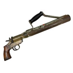 Schermulys Patent No.503324 nitro proof line throwing pistol No.15003; brass body with proof marks; the 32cm steel barrel with secondary handle over and original transfer 'The Schermuly Pistol Rocket Apparatus Ltd. London' L51cm overall