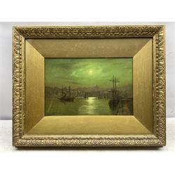 Circle of Louis Hubbard Grimshaw (British 1870-1944): Harbour by Moonlight, oil on panel signed with initials LG 19cm x 30cm 