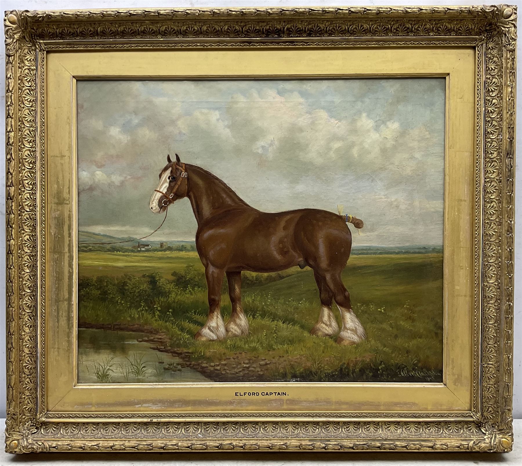 Albert Clark Snr. (British 1821-1909) and Albert James Clark (fl.1890-1943): 'Elford Captain' Portrait of a Shire Horse in Landscape, oil on canvas signed 'Albert Clark and Son' and dated 1895, 50cm x 60cm 