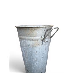 Nine galvanised flower buckets, tapering form with twin handles