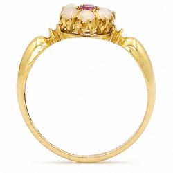 Edwardian 18ct gold ruby and opal flower head cluster ring, single oval cut ruby, surrounded by six round cut opals, Birmingham 1902, boxed