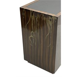 Ralph Lauren - pair 'Metropolis' Art Deco design end-tables, rosewood finish box frame with smoke glass inset, each fitted with cupboard, drawer and shelf