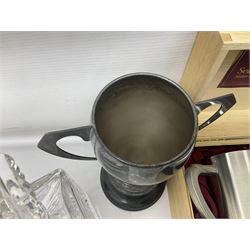 German Bleikristall decanter, set of six Stuart Crystal glasses, a Dartington Crystal decanter, christmas lights and a collection of pewter tankards, etc 