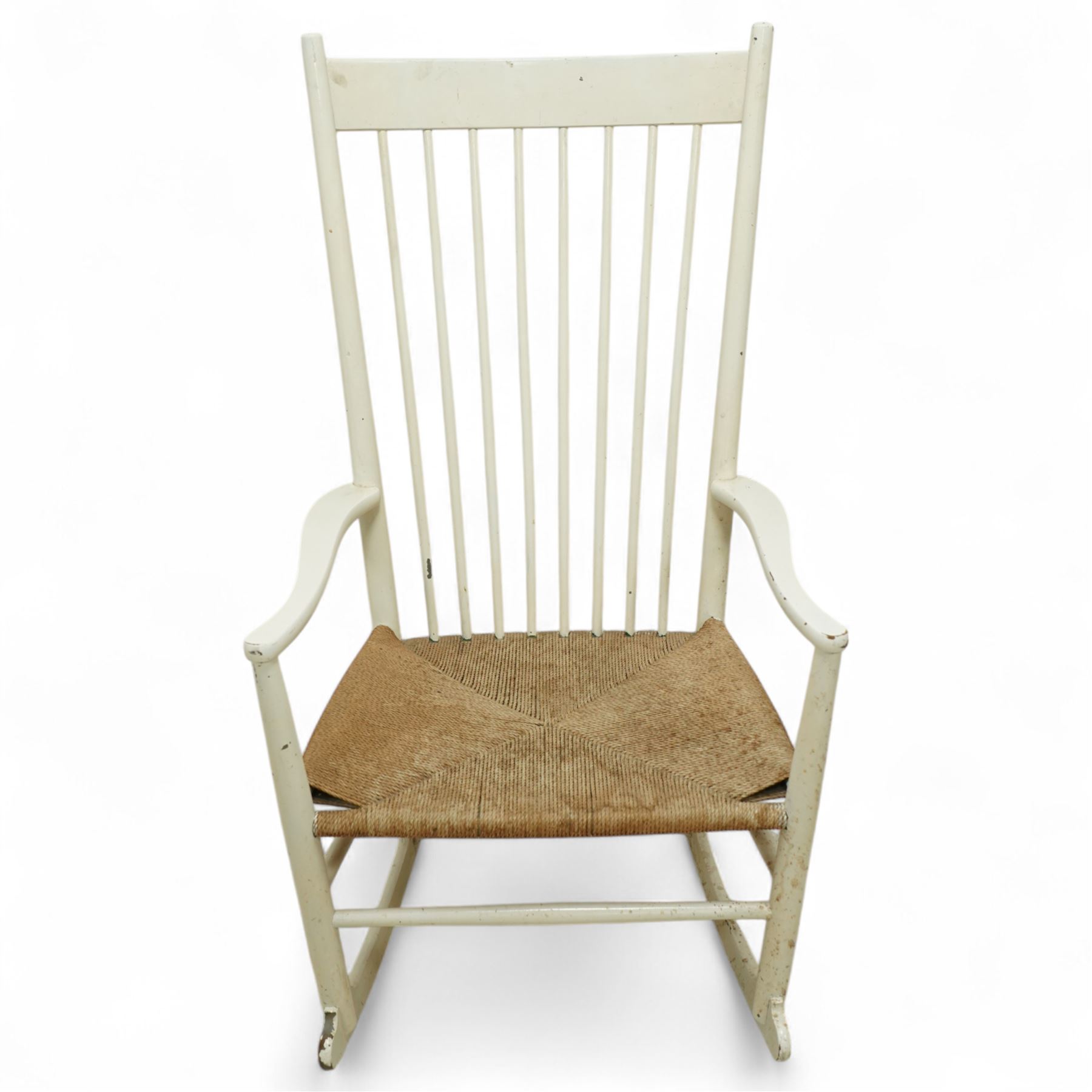 Hans J. Wegner (Danish: 1914-2007) - 'J16' beech framed rocking chair, stamped 'FDB Møbler Made in Denmark', rush seat out swept arms with a gently curved rockers