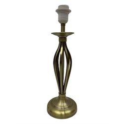 Contemporary brushed metal standard lamp, brass effect with cylindrical stem, on circular base, H131cm; matching table lamp, H35cm (2)