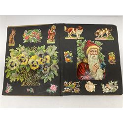 Victorian scrapbook containing twenty-six double sided pages and two fixed end pages of various fixed decoupage to include clippings of maritime interest, greeting cards, portraiture, flowers, animals etc, 