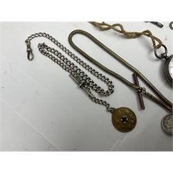 Three Victorian silver lever open face pocket watches including, cream dials with Roman numerals and subsidiary seconds dial, silver cylinder pocket watch and an 8 Jours Hebdomas pocket watch, two silver watch chains and one other chain