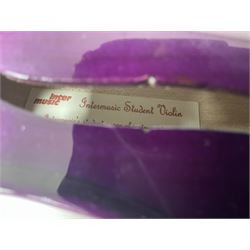 Intermusic 3/4 violin with a violet coloured solid wood body, ebonised fingerboard and fittings, bow and hard case, length 54cm