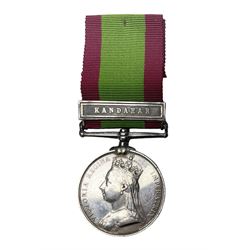 Victoria 2nd Afghanistan War Medal 1878-79-80 with clasp for Kandahar, awarded to 397 Gunr. W. Hogg C. Batt. 2nd Bde. R.A. with ribbon