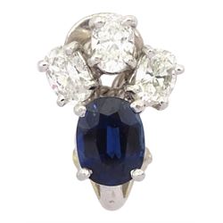 18ct white gold oval cut sapphire and three stone oval cut diamond single earring, total diamond weight approx 0.65 carat