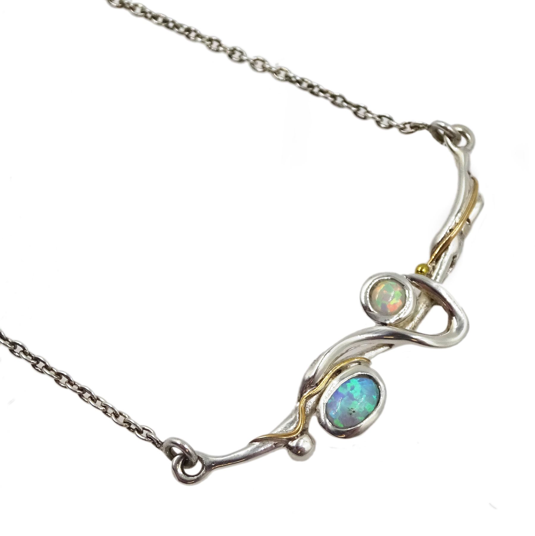 Silver and 14ct gold wire opal necklace, stamped 925