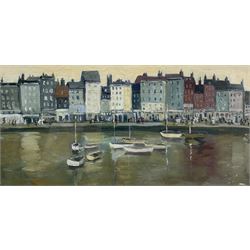 Margaret Parker (Northern British 1925-2012): Harbour Scene, oil on board signed 24cm x 50cm