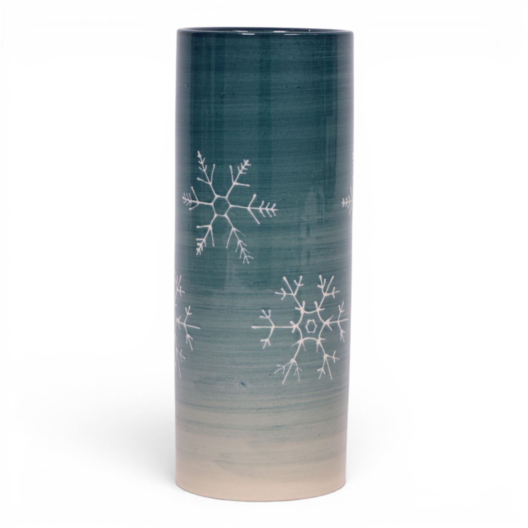 Dennis China Works trial vase of cylindrical form, decorated with snowflakes on a green ground, H23cm 