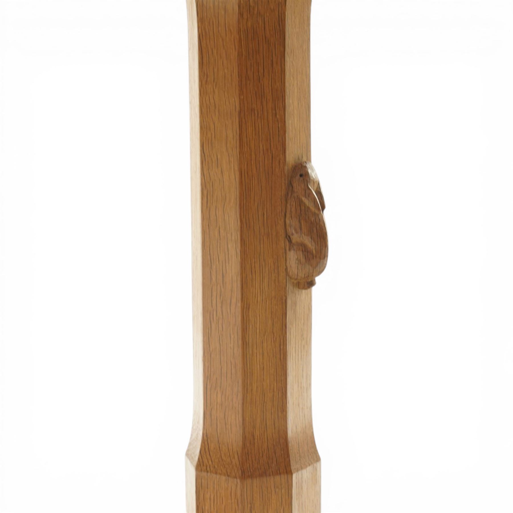 Rabbitman - oak side table, lightly adzed rectangular top, on a twin pillar base, with carved rabbit signature, by Peter Heap of Wetwang 
