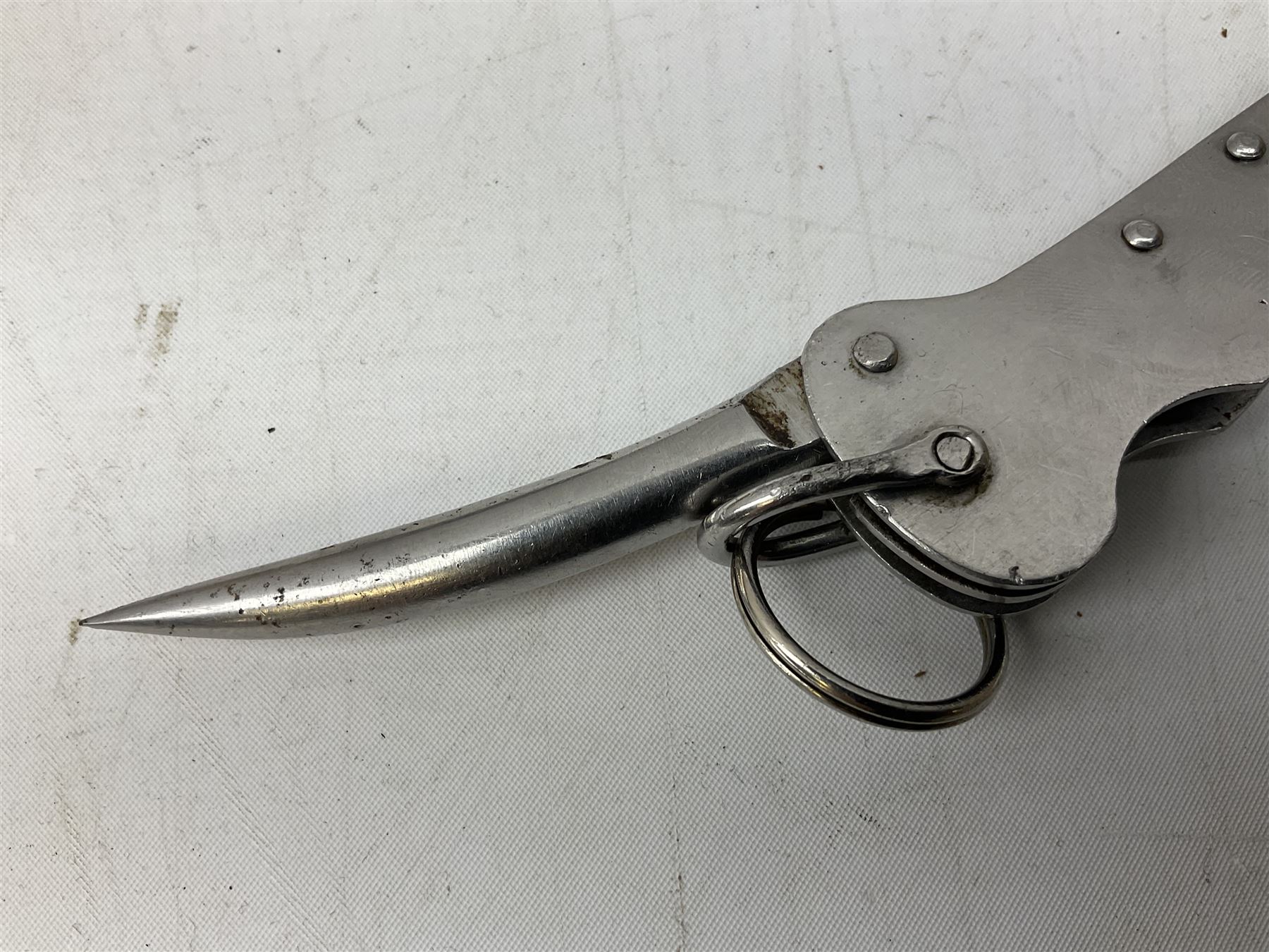 British Pattern 1876 socket bayonet with 43cm steel triangular blade L52cm overall; another socket bayonet with cruciform blade; No.4 Mk.II spike bayonet in metal scabbard with webbing frog; and 1955 Army jack knife by J.H. Thompson Sheffield (4)