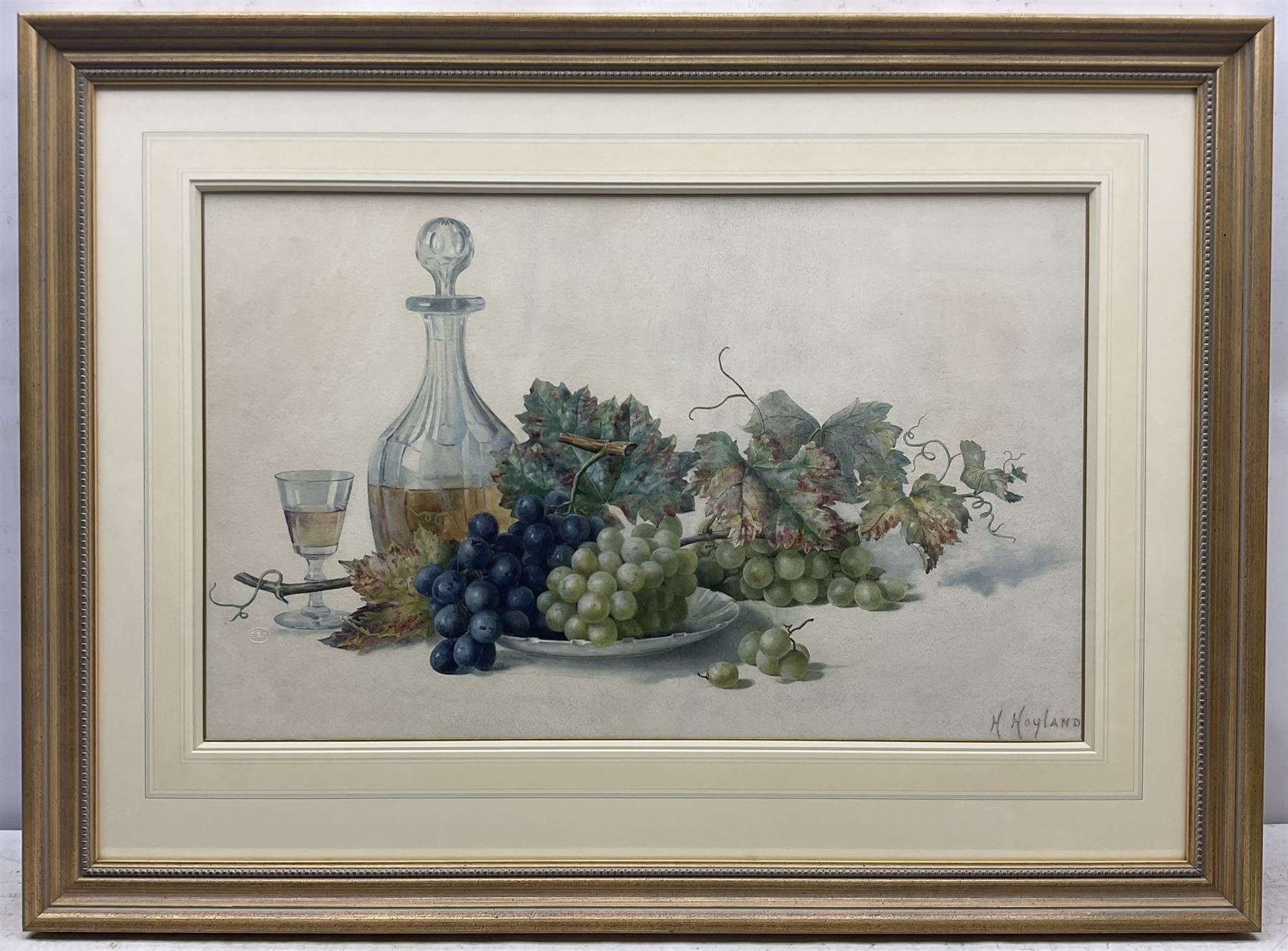 Hannah (Hoyland) Mayor (Staithes Group 1871-1947): Still Life of a Decanter and Grapes, watercolour signed, with E.S.K. (examined by South Kensington Art School) blind stamp 40cm x 65cm 
Provenance: gifted to the vendor's mother by her friend Edith Chudley, the artist's daughter - never been on the market.