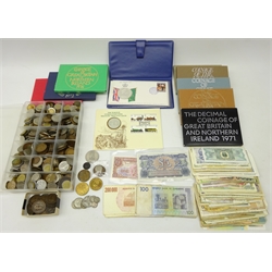  Collection of British and world coins and banknotes including 'The Queen Elizabeth II 1977 Twenty-Five Dollar Silver Coin of the Cook Islands', railway silver medal cover, small quantity of pre 1947 silver, small quantity of 1912H pennies, eight Great Britain coin year sets, Edward VIII 'In Commemoration' medals, 'British Armed Forces' notes, world banknotes, quantity of world coins in sectioned container etc  