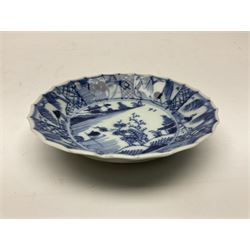 Chinese Kangxi style blue and white dish, with fluted edge, decorated with landscape and figural scenes, D10cm