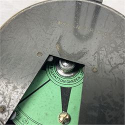 19th century Watkins combined clinometer and compass, patent 217, by J. Hicks Maker 8 Hatton Garden London No.5829, of drum shaped form in lacquered brass case D7cm; both instrument and case bear the name of former owner Thomas S.N. Hardinge; with early 20th century postcard caricature of a serviceman (2)