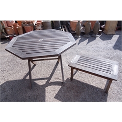 Hardwood octagonal garden table, (W117cm, H73cm) and a small table (W76cm, H37cm, D49cm)  