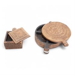 Two Indian carved hardwood boxes with covers largest D28cm 
