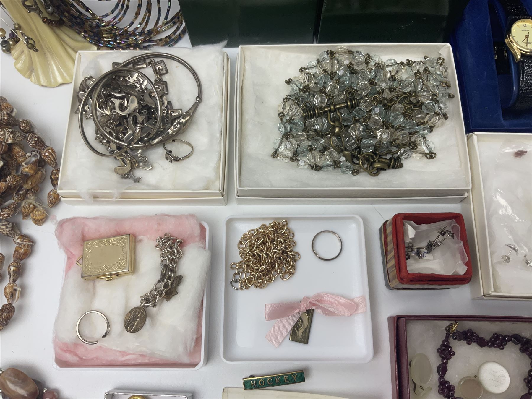 Pair of 9ct gold screw back earrings, silver dolphin jewellery, including necklace, bracelet, ring and earrings, other silver jewellery, two Sekonda wristwatches and a collection of costume jewellery 