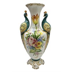 Large modern Italian vase, the baluster form body painted with flowers with twin handles modelled as peacocks, H52cm