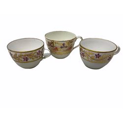 Group of 19th century English porcelain tea wares, to include two Spode cups and a saucer, with relief moulded border of flowers and conforming painted decoration, with pattern number 3906 beneath, three Spode bute shape cups, two Coalport cups and a saucer, a wrythen fluted teabowl, possibly Caughley, and various other examples including a number by Newhall. 
