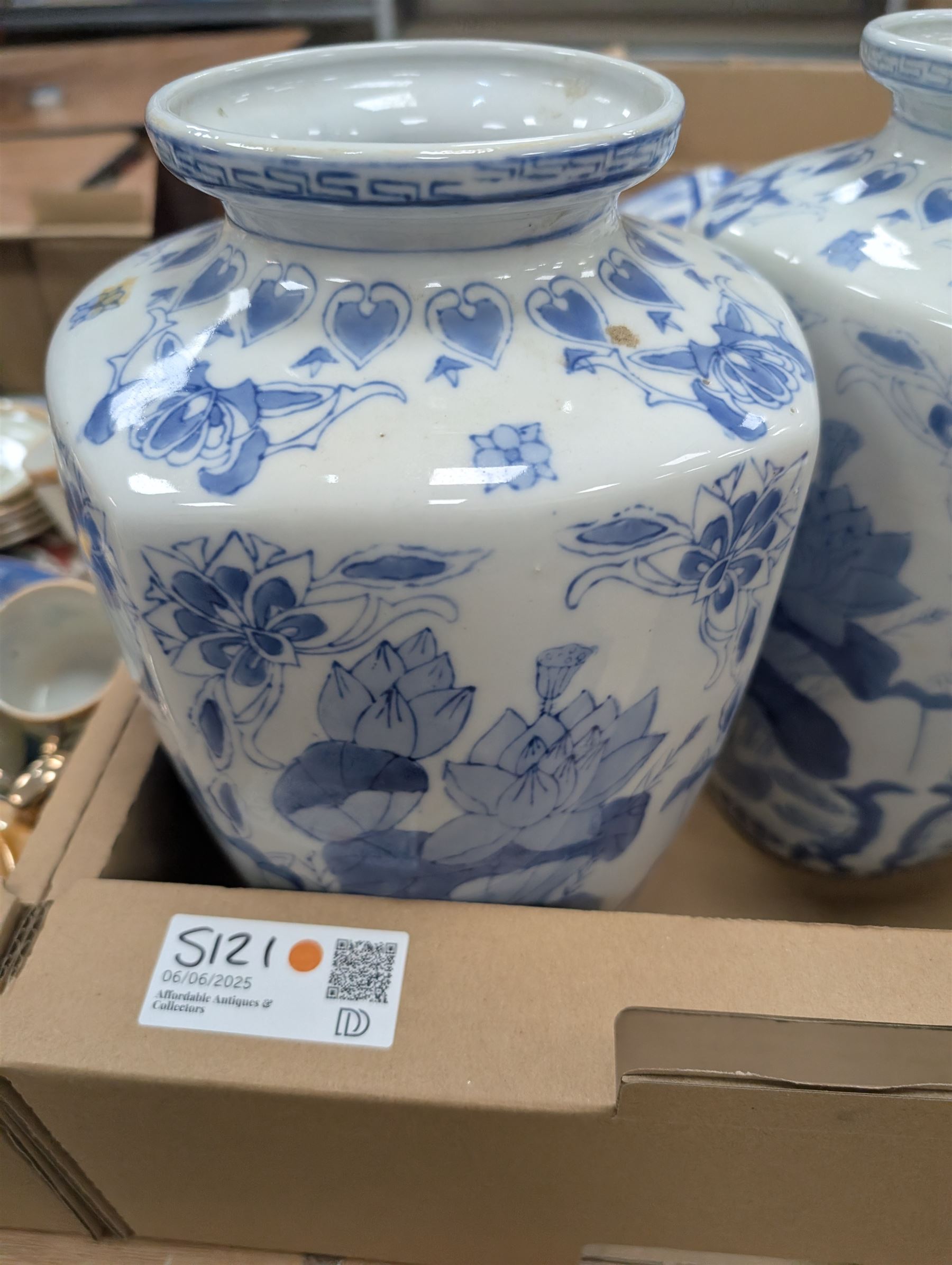 Three Chinese blue and white vases, R. Cocks metronome, glass claret jug and a collection of other ceramics and glass ware