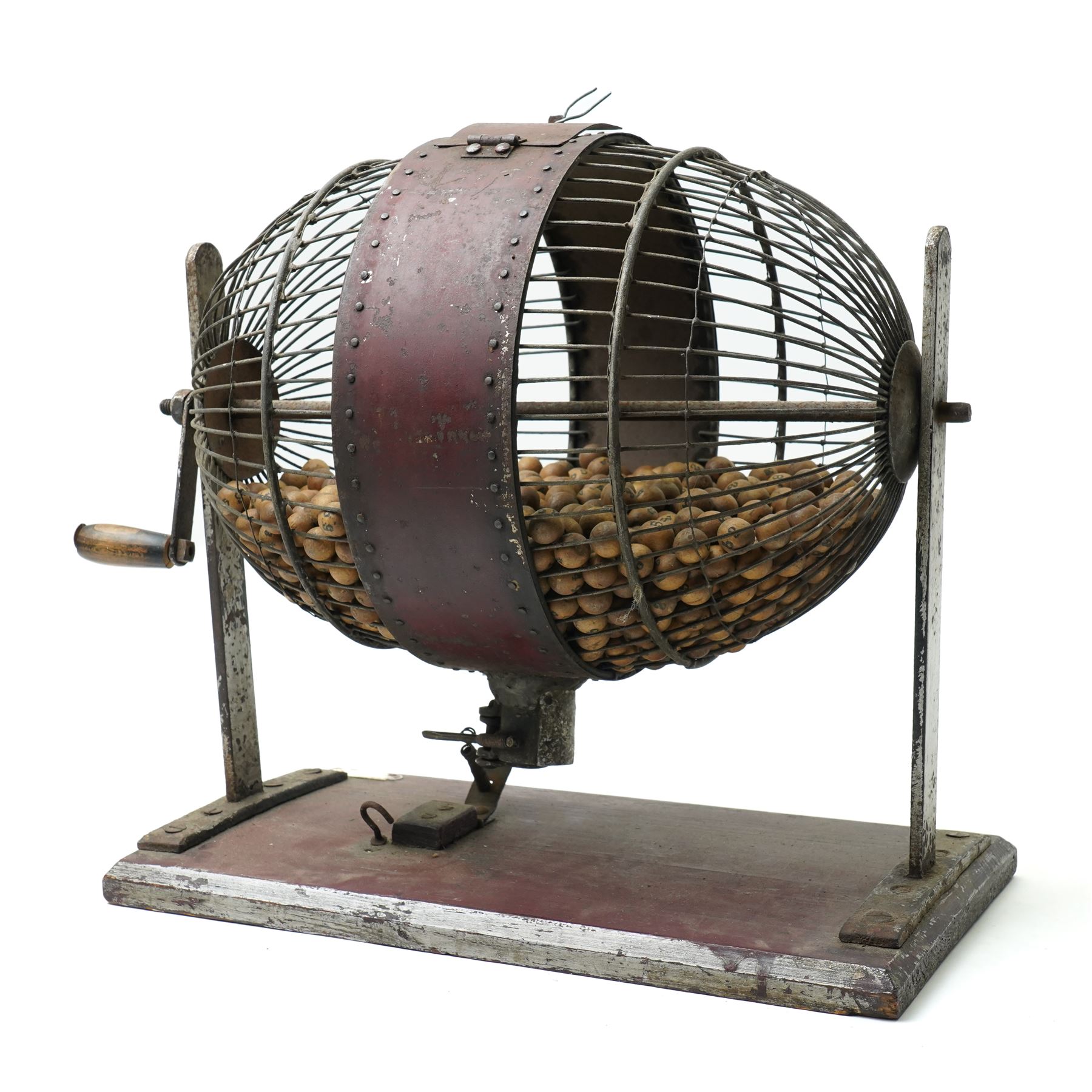 Vintage wire work tombola with wooden balls in metal frame and on rectangular wooden base H39cm 