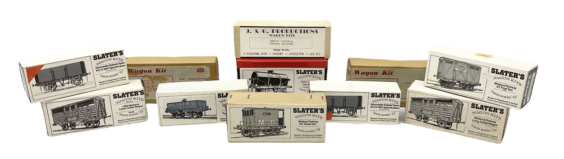 '0' gauge - Twelve unmade railway wagon kits by Slaters, J. & G. Productions, C. & U. Castings and CCW Productions including brake vans, cattle trucks, fruit van, tank wagons, open wagons etc; predominantly plastic but some die-cast; all but one boxed (12)