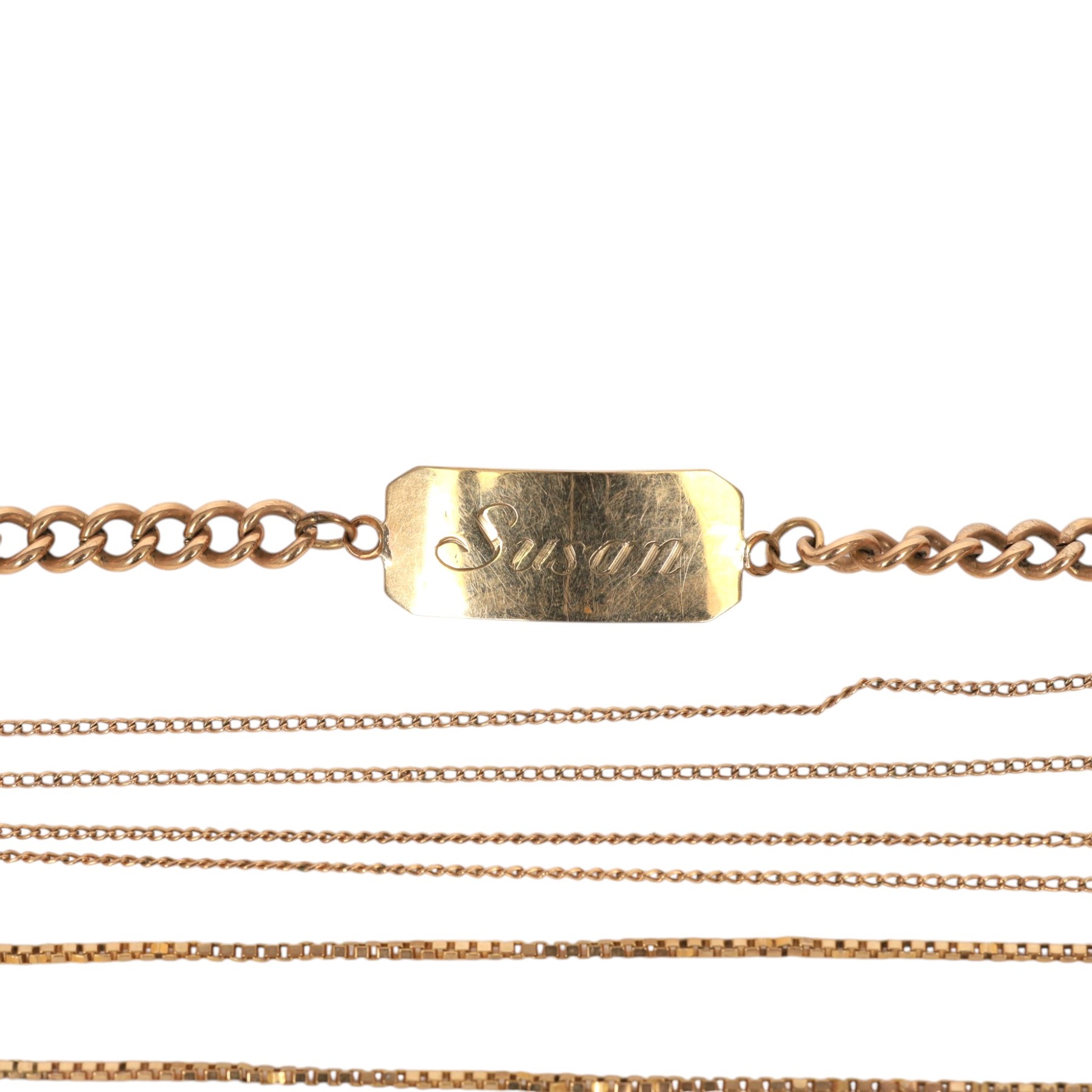 9ct gold jewellery, comprising ID bracelet, box link bracelet, single stud earring and a 10ct gold chain
