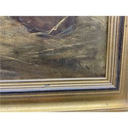 J E M (Early 20th century): Portrait of a Bay Hunter in Stable setting, oil on canvas signed with initials on the water bucket 72cm x 82cm 