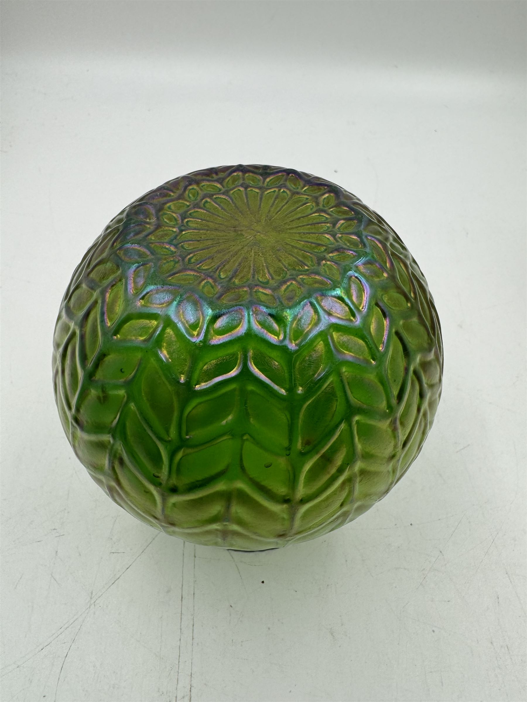Three Austrian Art Nouveau iridescent glass vases, including a Kralik example of tapering form, with pearlescent lustre body and applied green flower decoration, tallest H18cm