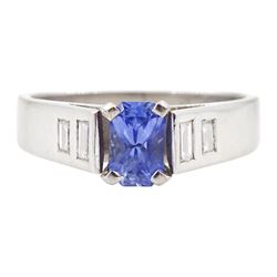 White gold sapphire and diamond ring, single stone radiant cut sapphire of approx 0.65 car...