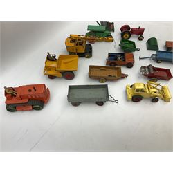 Dinky - nineteen unboxed and playworn/repainted die-cast models including Muir Hill Dumper, Muir Hill 2WL and Heavy Tractor; all repainted; Coles Mobile Crane, two Aveling-Barford steam rollers; Massey-Harris tractor and manure spreader; Land Rover; nine various trailers etc (19)