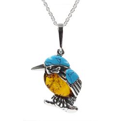 Silver Baltic amber and turquoise Kingfisher pendant necklace, stamped 925