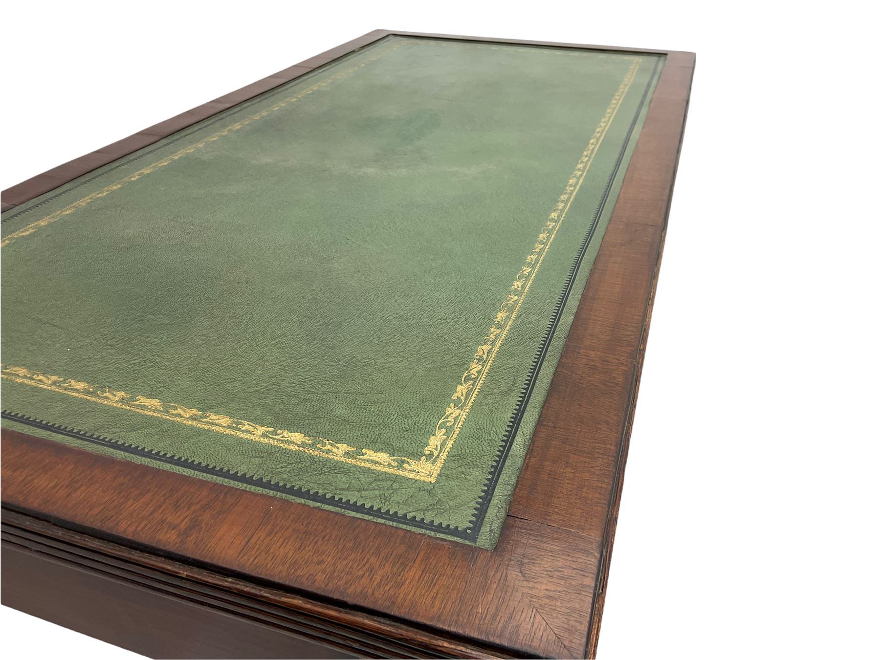 20th century mahogany writing table, inset leather top, fitted with two drawers