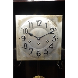  Early 20th century beech cased wall clock, silvered Arabic dial with 'Junghans' triple train movement, H78cm  