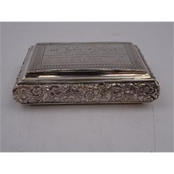 William IV silver snuff box, of rectangular form with repousse and chased floral decoration to sides, with presentation engraving to hinged cover reading 'Presented to Mr John Fenwick for his valuable and gratuitous services as surveyor of the highways of Whitby by several of the Rate Payers 1837', hallmarked Birmingham 1835, maker's mark TS, W9cm, D6cm, H2.5cm