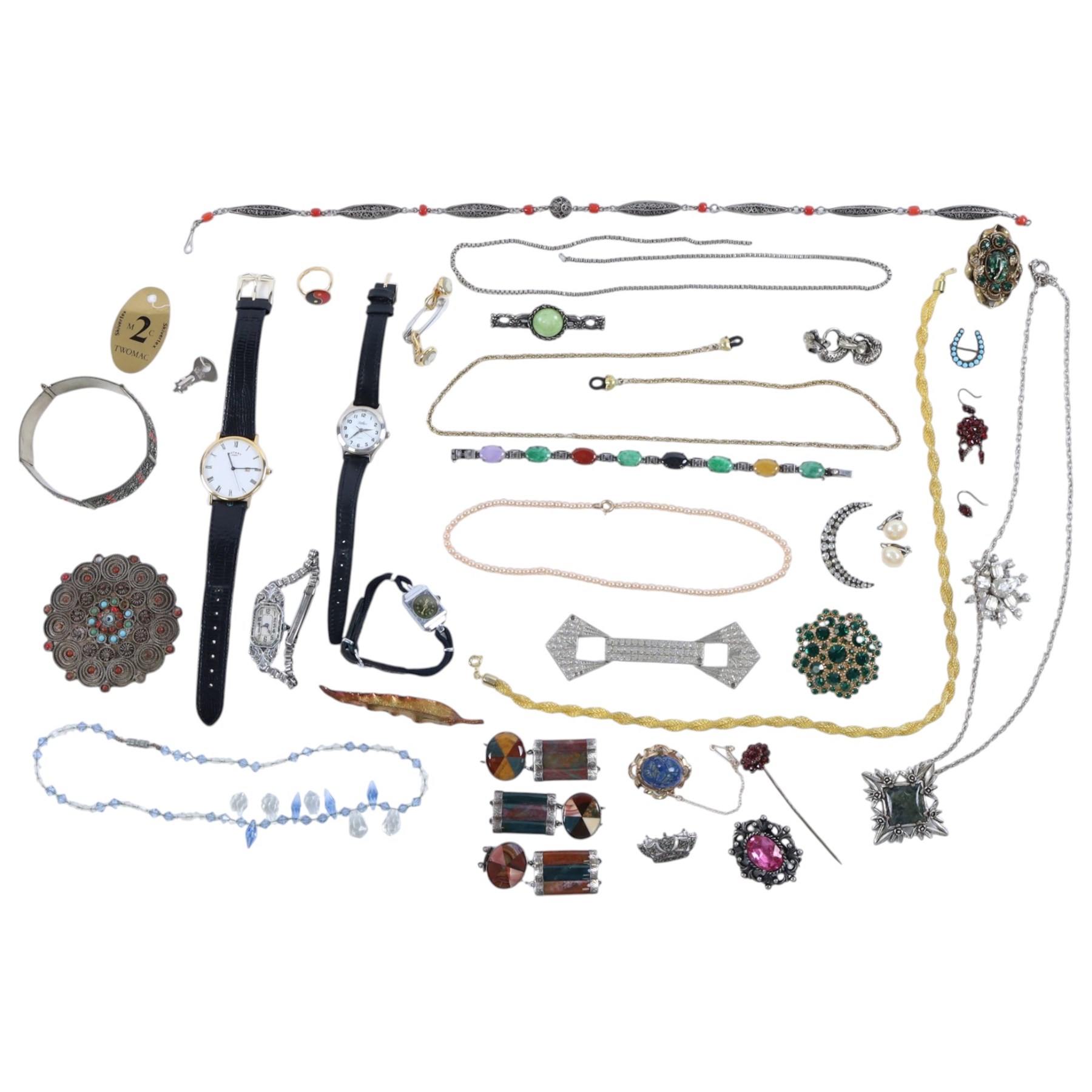 Silver paste cocktail watch, silver mounted Scottish hardstone bracelet links, Rotary wristwatch and other costume jewellery