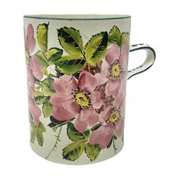 Early 20th century Wemyss large mug in wild rose pattern, decorated with pink roses and green lined boarder H14cm