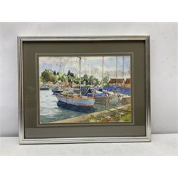 John Reynolds (British 20th century): 'Eling Quay', watercolour and ink signed with initials 25cm x 34cm