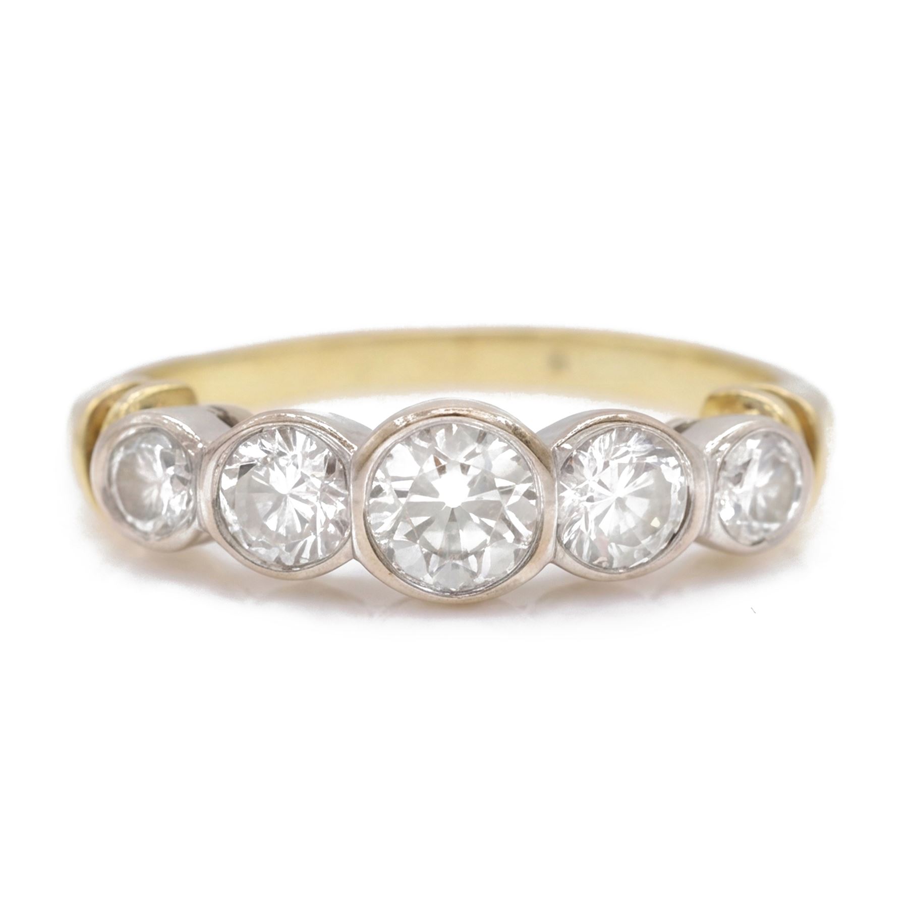 18ct diamond five stone ring, rubover set with five graduating round brilliant cut diamonds, total diamond weight approx 0.75 carat