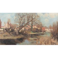English School (20th Century): Stream near Red Roofed Houses, oil on canvas unsigned, attr...