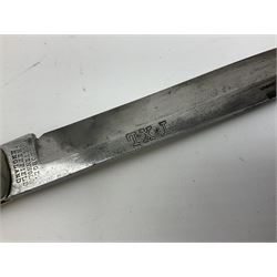 Hunting knife by J Nowill & Sons, Sheffield, the handle inset with mother of pearl, blade length 19cm; George Wolstenholme IXL lock-knife with antler scales L29cm open; and another Bowie style hunting knife marked 'V.R. Warranted Sheffield Joseph Ellis & Sons' in leather sheath (3)