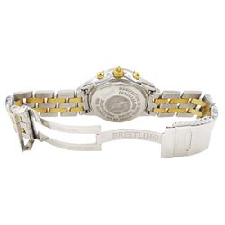 Breitling Shadow Flyback gentleman's stainless steel and gold-plated automatic chronometer wristwatch, Ref. B35312, serial No. 229225, silvered dial with three subsidiary dial and date aperture, on original stainless steel bracelet, with fold-over clasp, boxed with papers