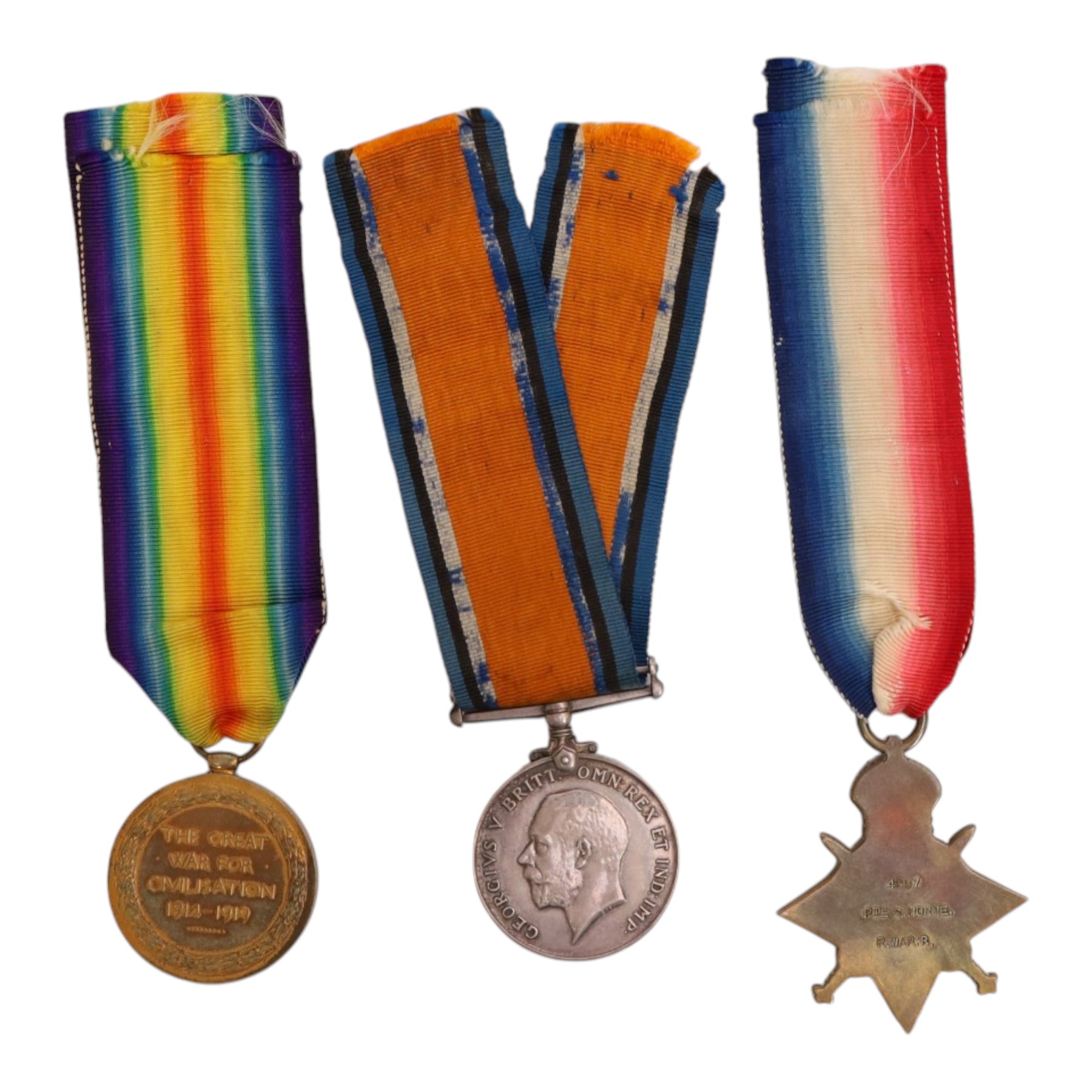 WWI death plaque and medal trio, comprising 1914-15 Star, War medal and Victory medal. awarded to 4697 Pte S Horne R. WAR.R  
