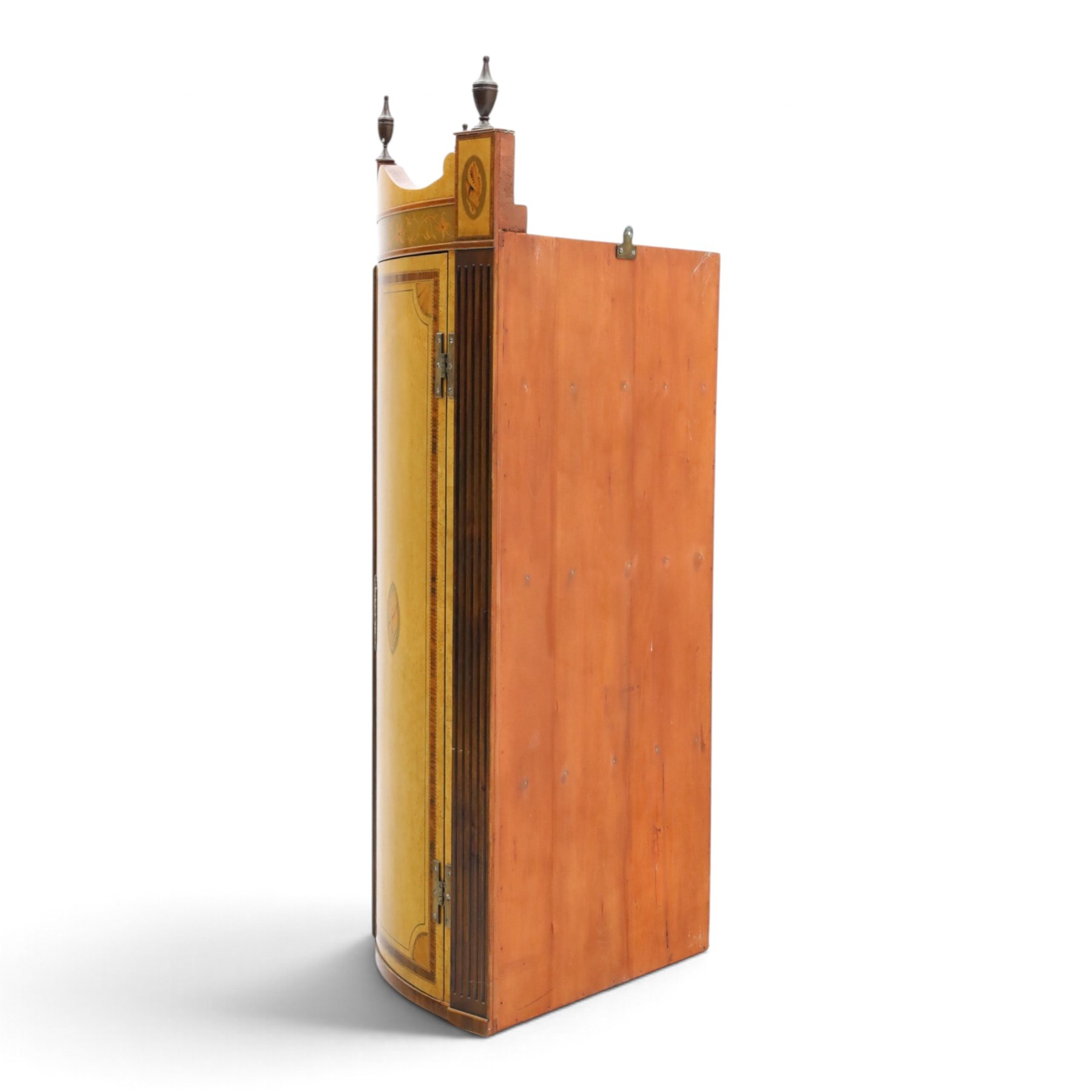 Edwardian inlaid birds-eye maple corner cabinet, urn finials above shell motif inlays, reeded column's hanging hooks